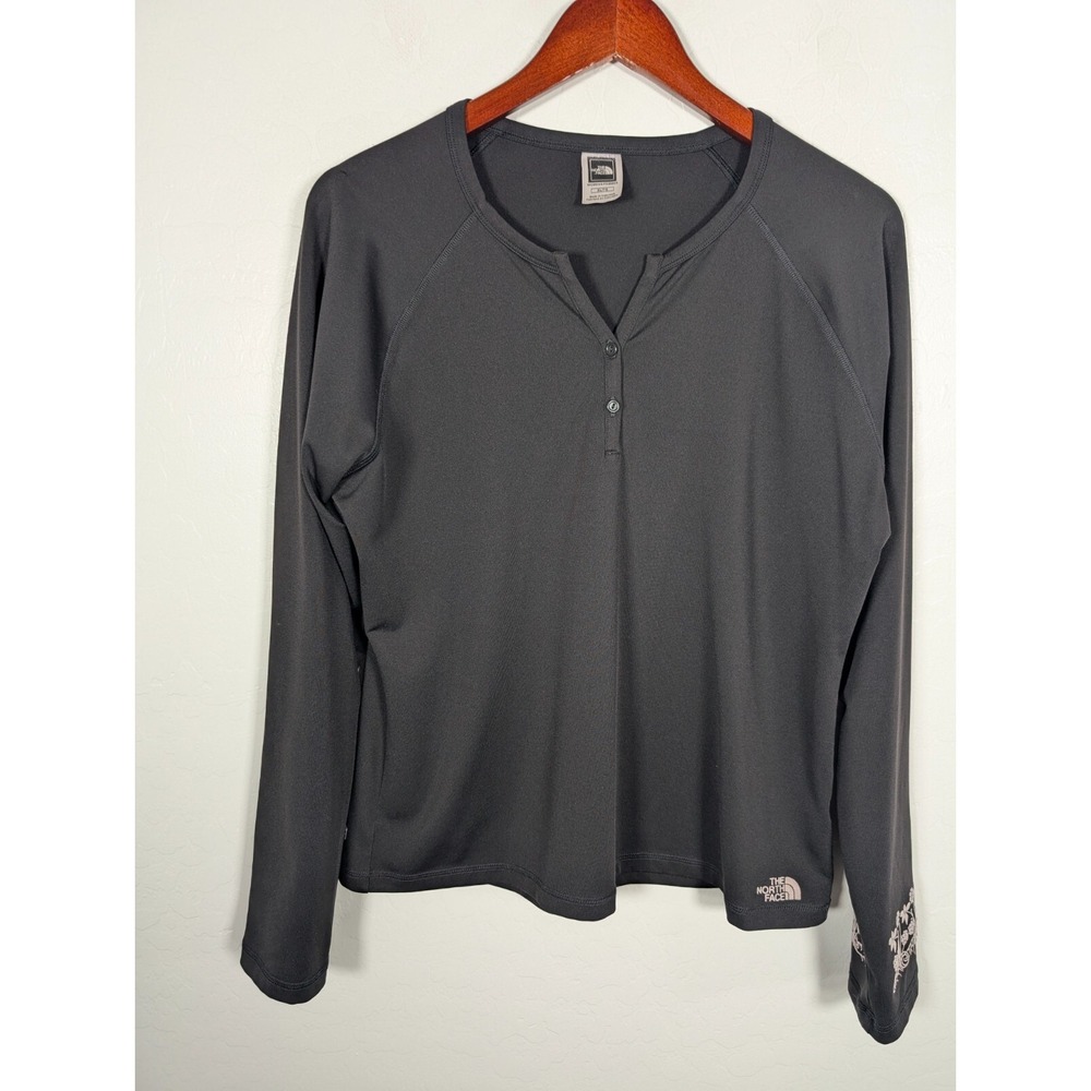 The North Face Shirt Women XL Henley Black Vaporwick Embriodered Floral Edge